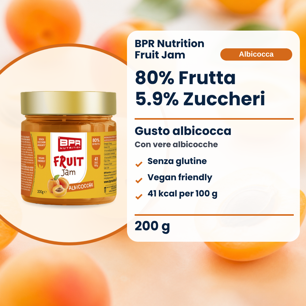 BPR Nutrition Fruit Jam Aprikose 200 g: 80% Frucht, 5.9% Zucker, Aprikosengeschmack, glutenfrei (IT)
