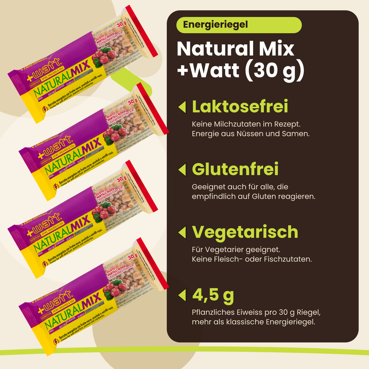 Energieriegel Natural Mix +Watt (30 g), Vorteile: laktosefrei, glutenfrei, vegetarisch, 4,5 g Eiweiss, DE
