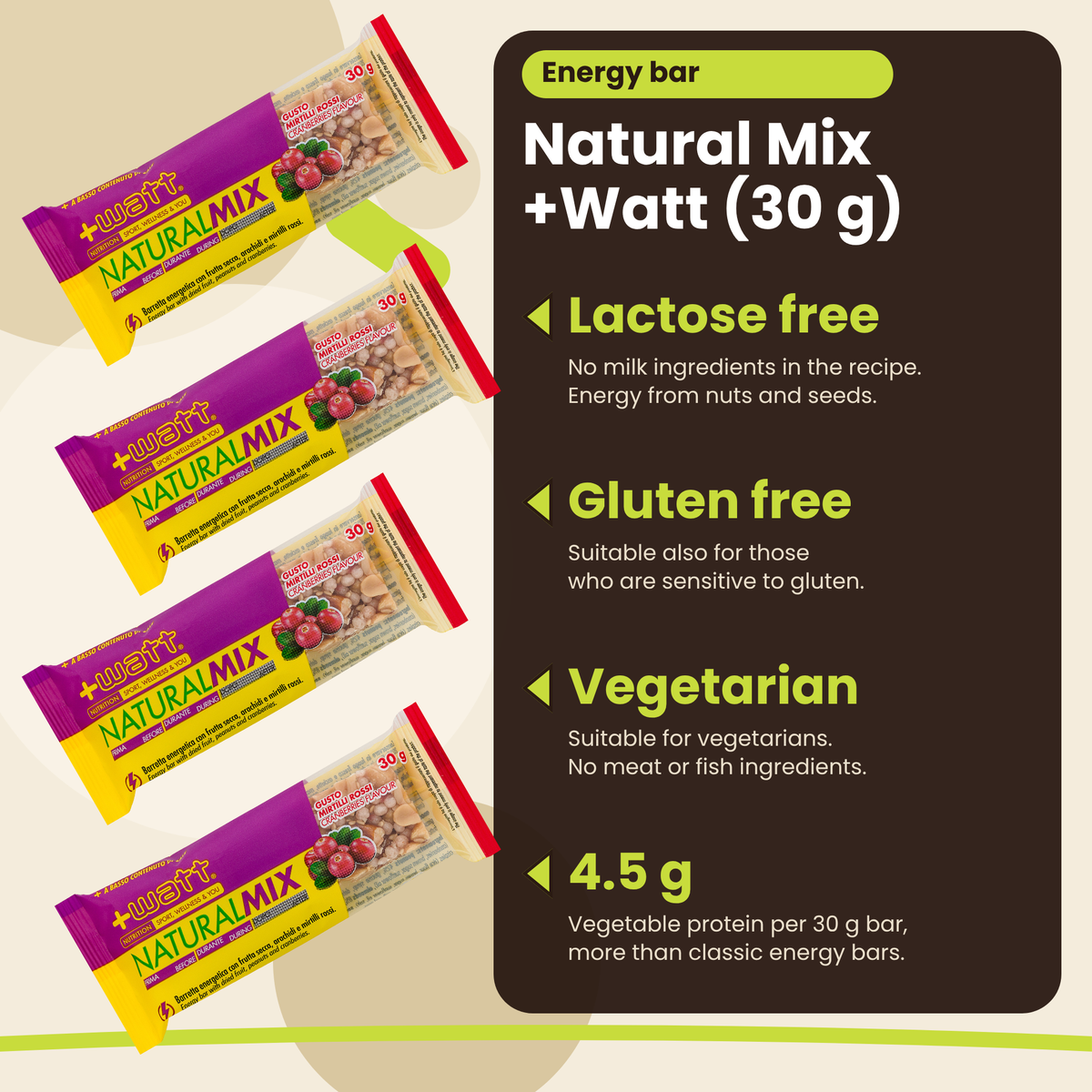Energieriegel Natural Mix +Watt (30 g), Vorteile: laktosefrei, glutenfrei, vegetarisch, 4,5 g Eiweiss, EN