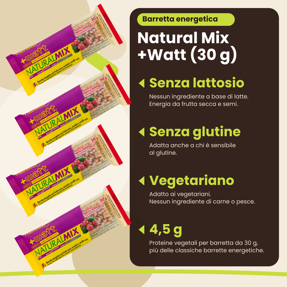 Energieriegel Natural Mix +Watt (30 g), Vorteile: laktosefrei, glutenfrei, vegetarisch, 4,5 g Eiweiss, IT
