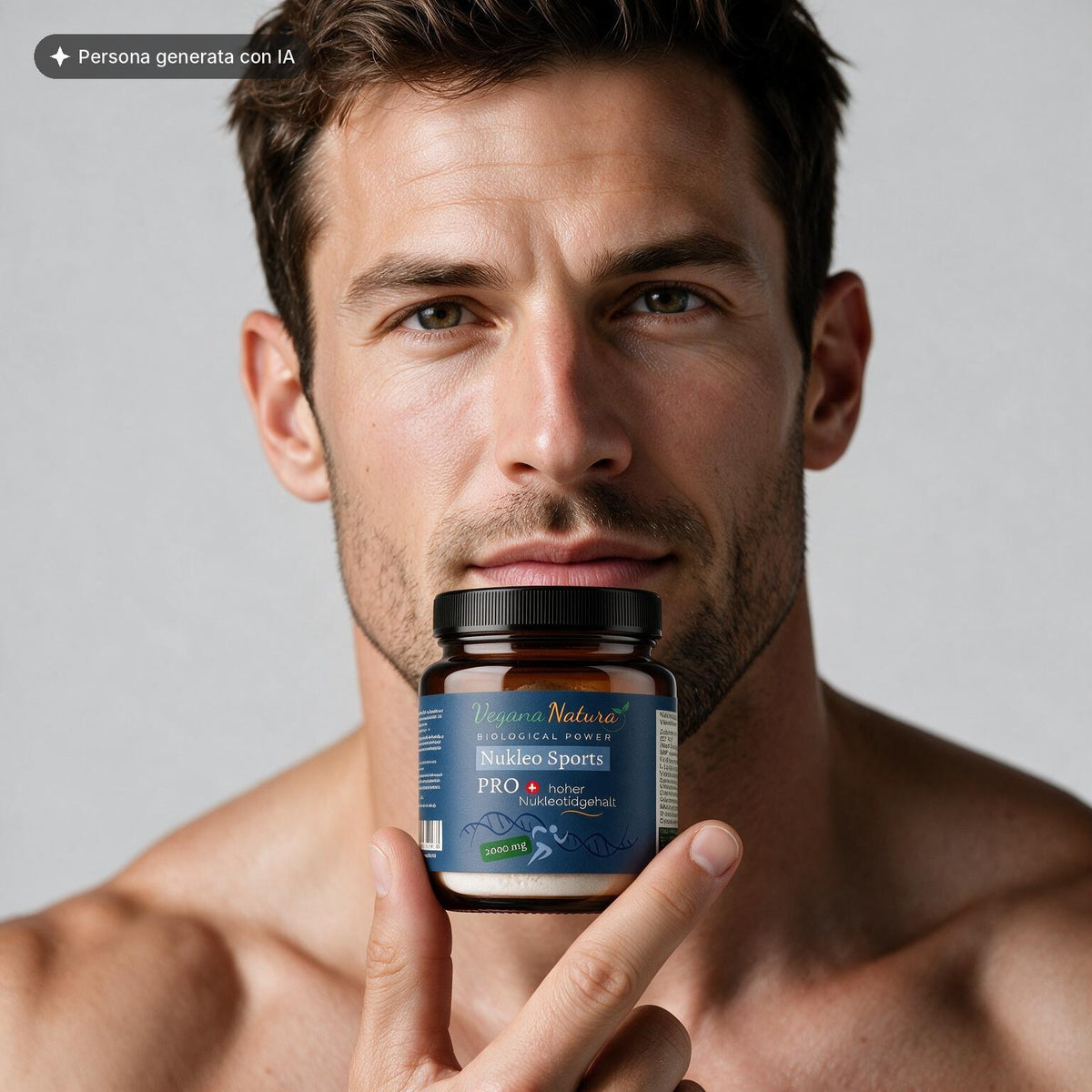 Nukleo Sport Pro Vegana Natura 60 g jar held by an athlete, lifestyle