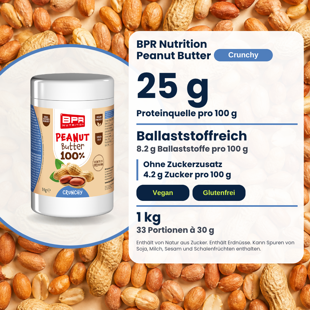 BPR Nutrition Peanut Butter 100% Crunchy 1 kg : source de protéines, riche en fibres, sans sucres ajoutés, vegan, sans gluten
