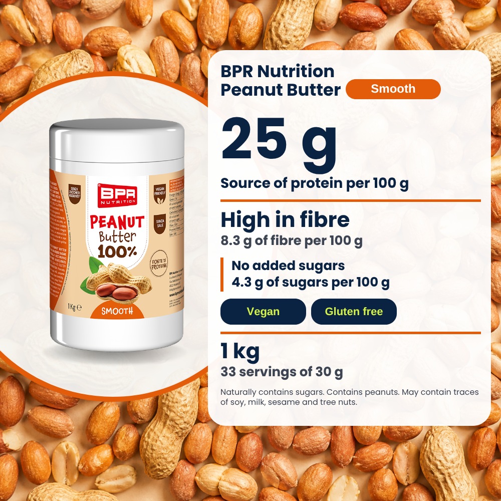 BPR Nutrition Peanut Butter 100% Smooth 1 kg: fonte di proteine, ricco di fibre, senza zuccheri aggiunti, vegan, senza glutine