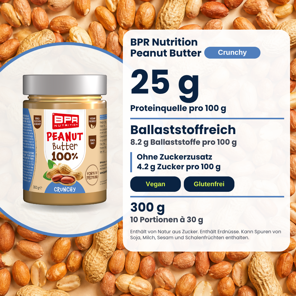 BPR Nutrition Peanut Butter 100% Crunchy 300 g : source de protéines, riche en fibres, sans sucres ajoutés, vegan, sans gluten