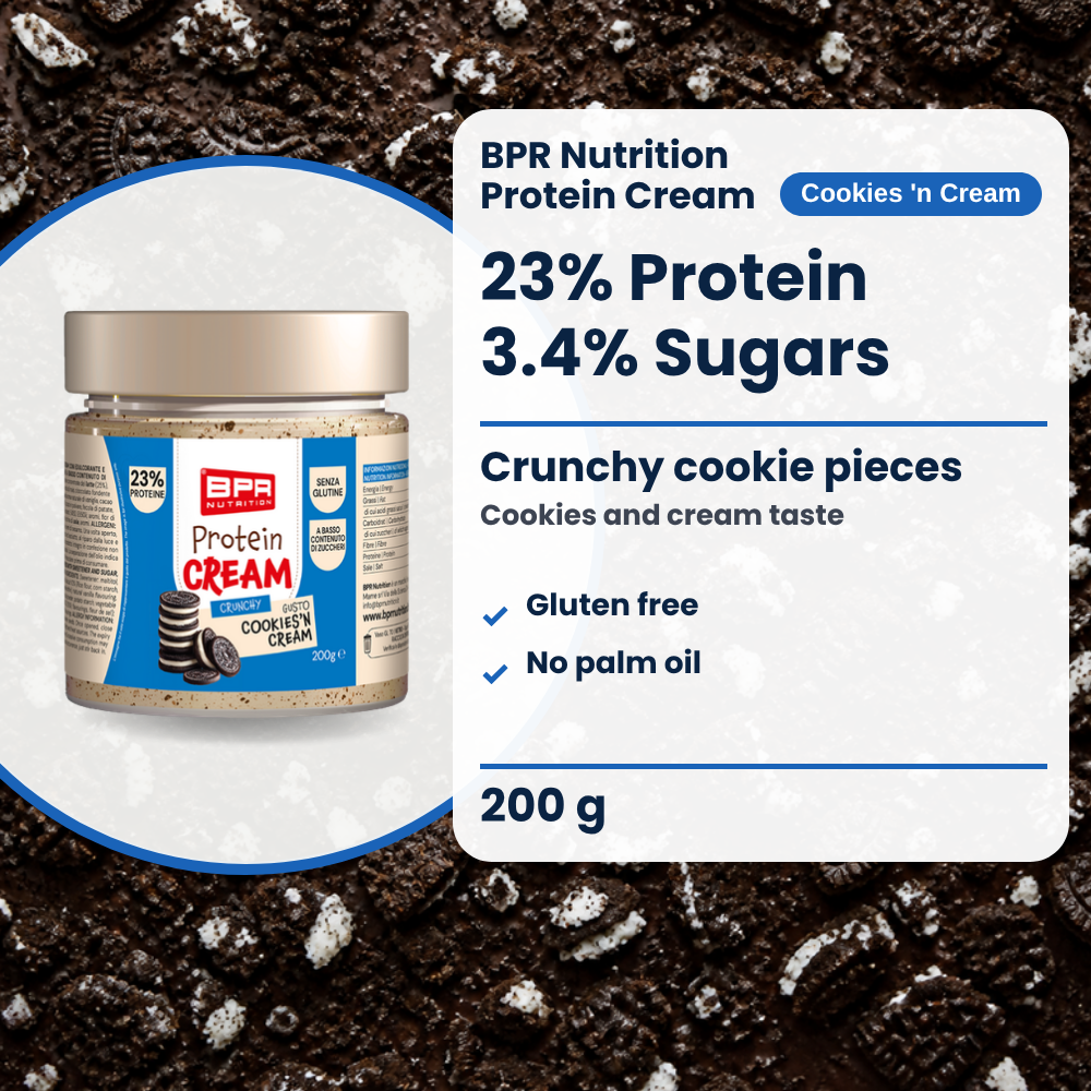 BPR Nutrition Protein Cream Cookies 'n Cream 200 g: 23% Protein, 3.4% Zucker, knusprige Kekse, glutenfrei, ohne Palmöl (EN)