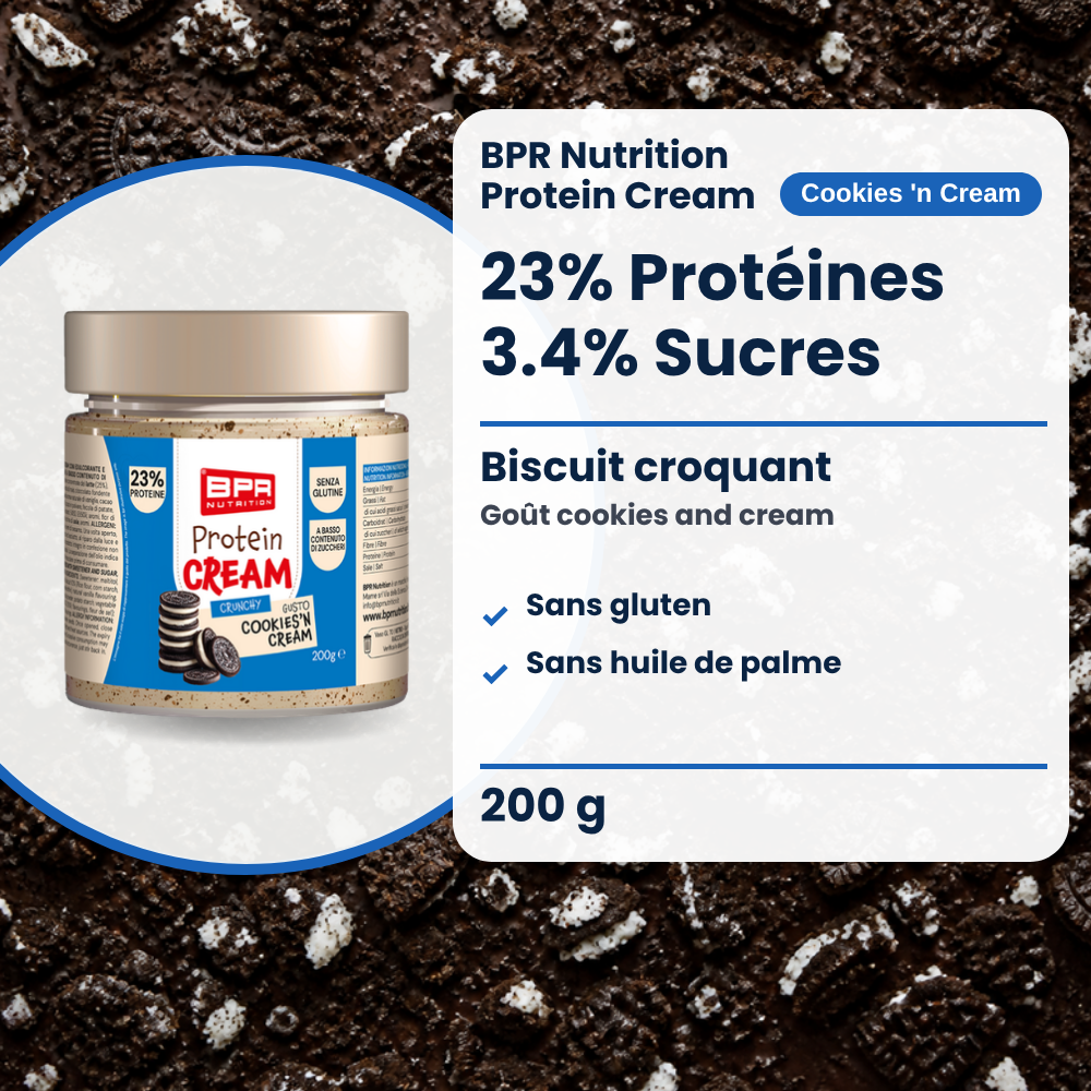 BPR Nutrition Protein Cream Cookies 'n Cream 200 g: 23% Protein, 3.4% Zucker, knusprige Kekse, glutenfrei, ohne Palmöl (FR)
