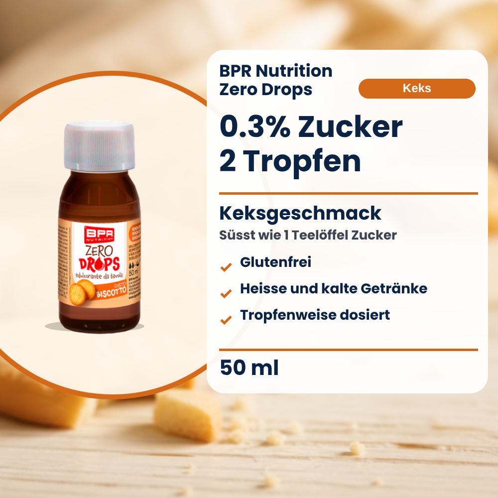 BPR Nutrition Zero Drops Keks 50 ml: 0.3% Zucker, Keksgeschmack, süsst wie 1 Teelöffel Zucker, glutenfrei, heisse und kalte Getränke, tropfenweise dosiert (Text auf Deutsch)