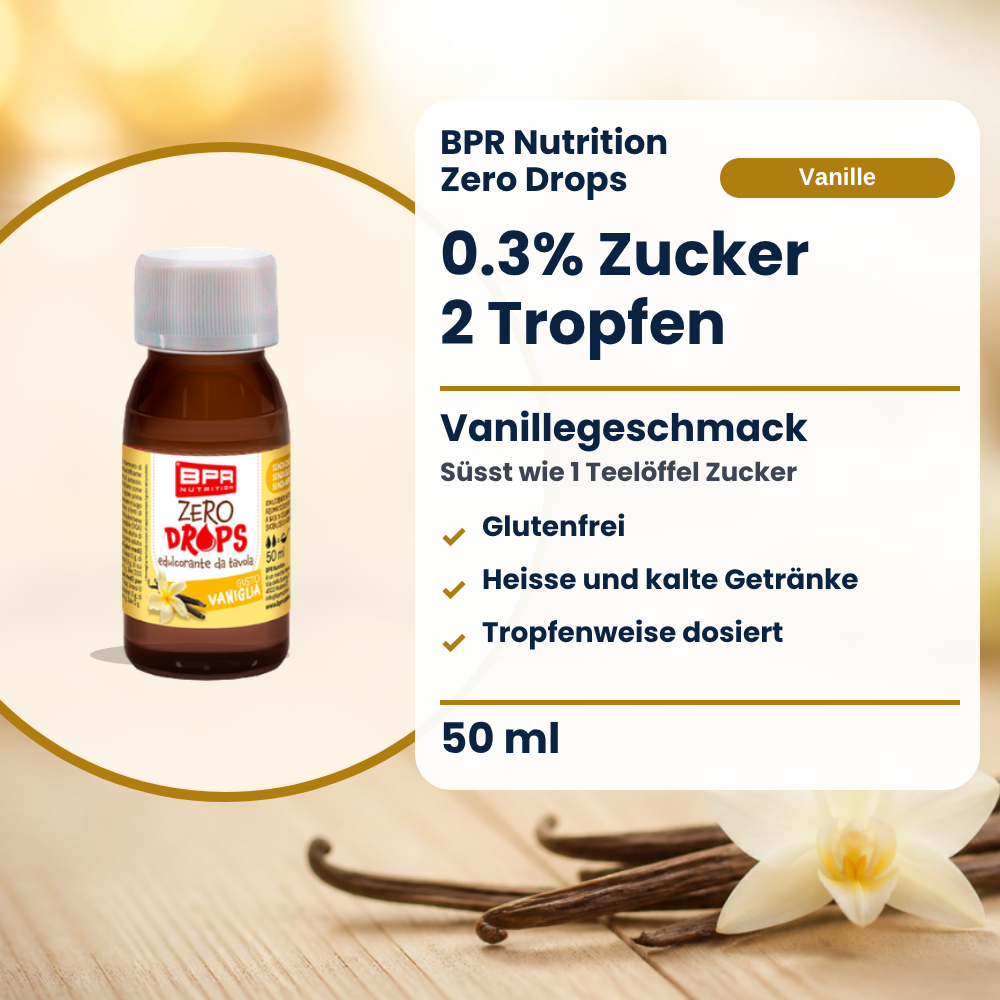 BPR Nutrition Zero Drops Vanille 50 ml: 0.3% Zucker, Vanillegeschmack, süsst wie 1 Teelöffel Zucker, glutenfrei, heisse und kalte Getränke, tropfenweise dosiert (Text auf Deutsch)