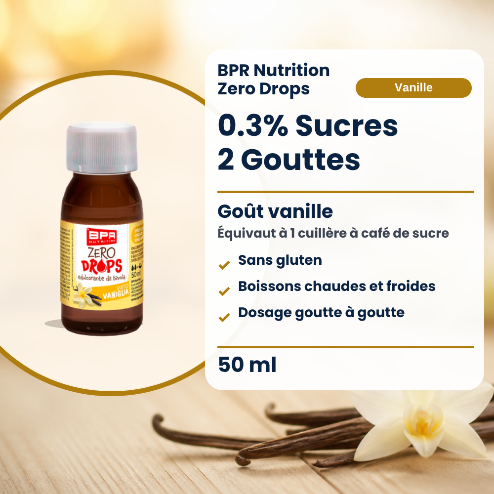 BPR Nutrition Zero Drops Vanille 50 ml: 0.3% Zucker, Vanillegeschmack, süsst wie 1 Teelöffel Zucker, glutenfrei, heisse und kalte Getränke, tropfenweise dosiert (Text auf Französisch)