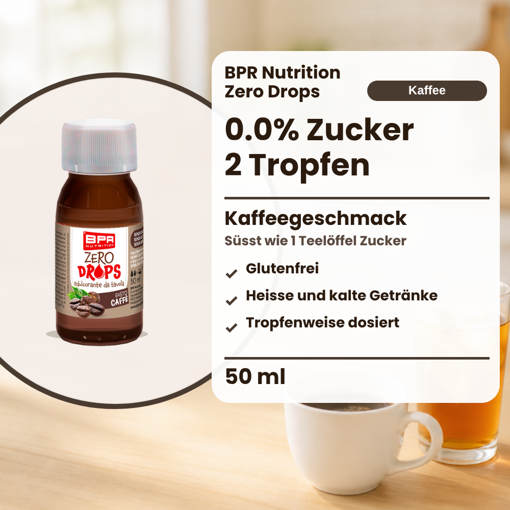 BPR Nutrition Zero Drops Caffè 50 ml: 0.0% Zucker, Kaffeegeschmack, süsst wie 1 Teelöffel Zucker, glutenfrei, heisse und kalte Getränke, tropfenweise dosiert (Text auf Deutsch)