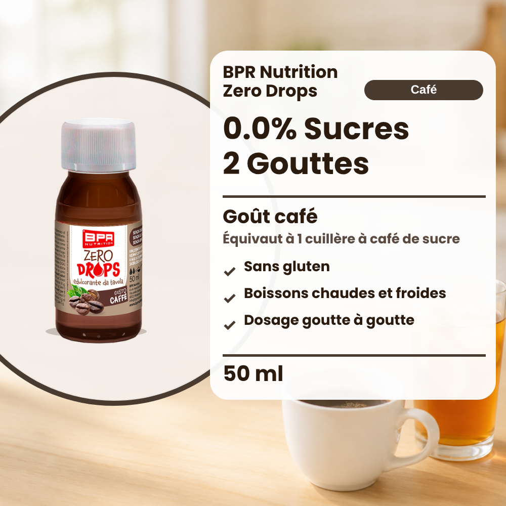 BPR Nutrition Zero Drops Caffè 50 ml: 0.0% Zucker, Kaffeegeschmack, süsst wie 1 Teelöffel Zucker, glutenfrei, heisse und kalte Getränke, tropfenweise dosiert (Text auf Französisch)