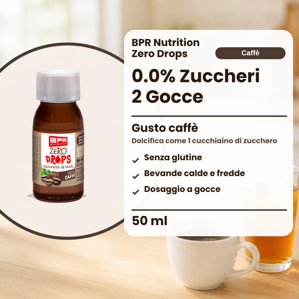 BPR Nutrition Zero Drops Caffè 50 ml: 0.0% Zucker, Kaffeegeschmack, süsst wie 1 Teelöffel Zucker, glutenfrei, heisse und kalte Getränke, tropfenweise dosiert (Text auf Italienisch)