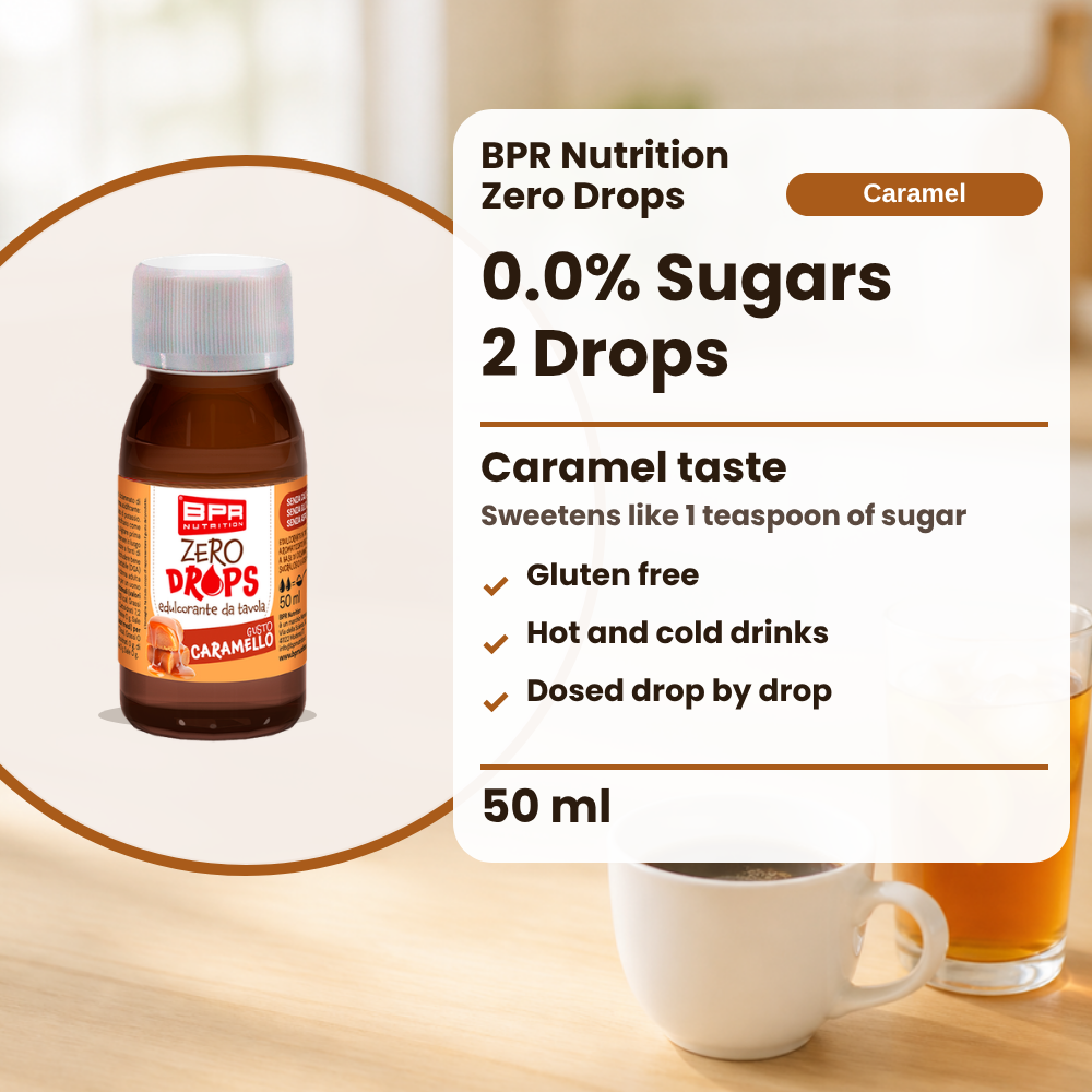 BPR Nutrition Zero Drops Caramello 50 ml: 0.0% Zucker, Karamellgeschmack, süsst wie 1 Teelöffel Zucker, glutenfrei, heisse und kalte Getränke, tropfenweise dosiert (Text auf Englisch)