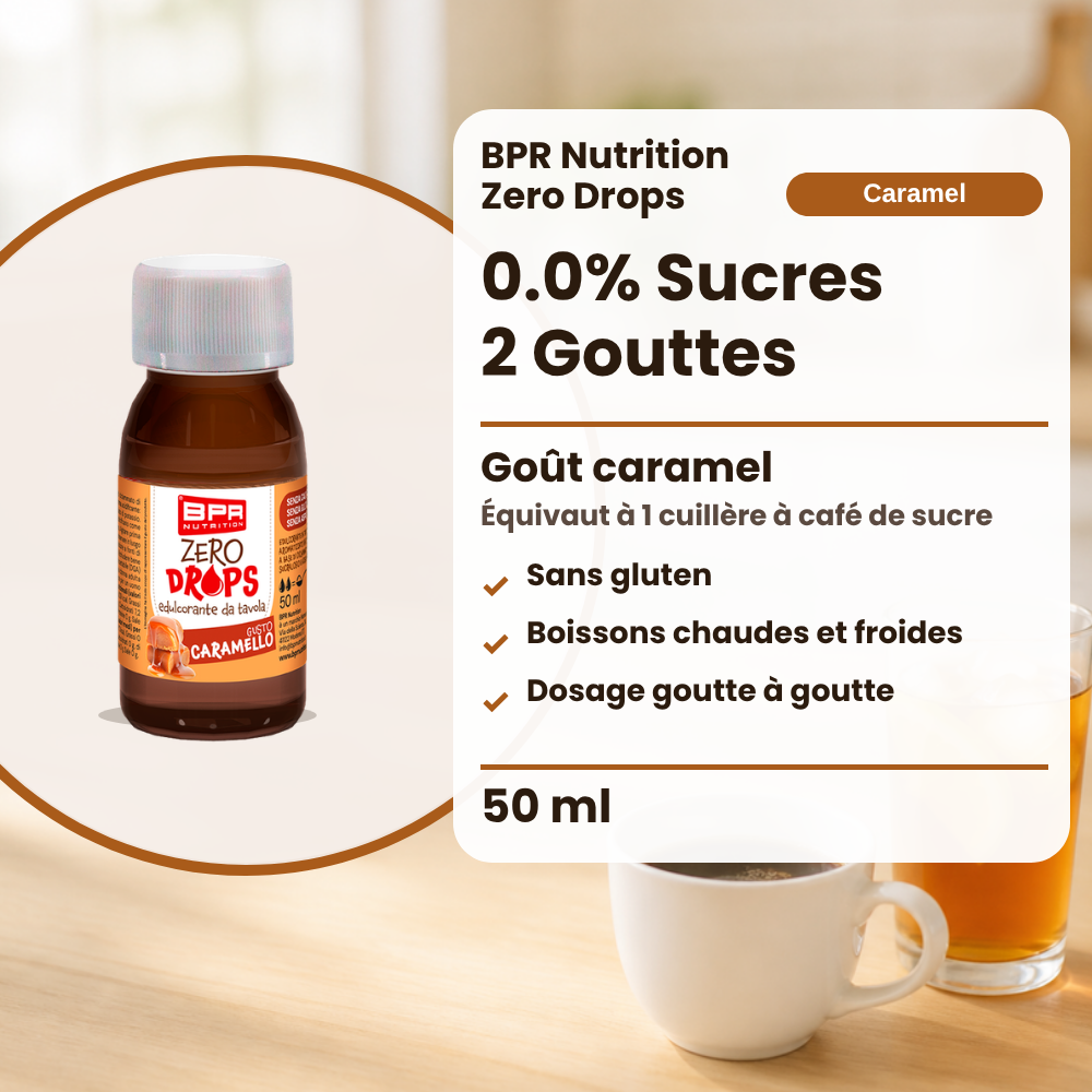 BPR Nutrition Zero Drops Caramello 50 ml: 0.0% Zucker, Karamellgeschmack, süsst wie 1 Teelöffel Zucker, glutenfrei, heisse und kalte Getränke, tropfenweise dosiert (Text auf Französisch)