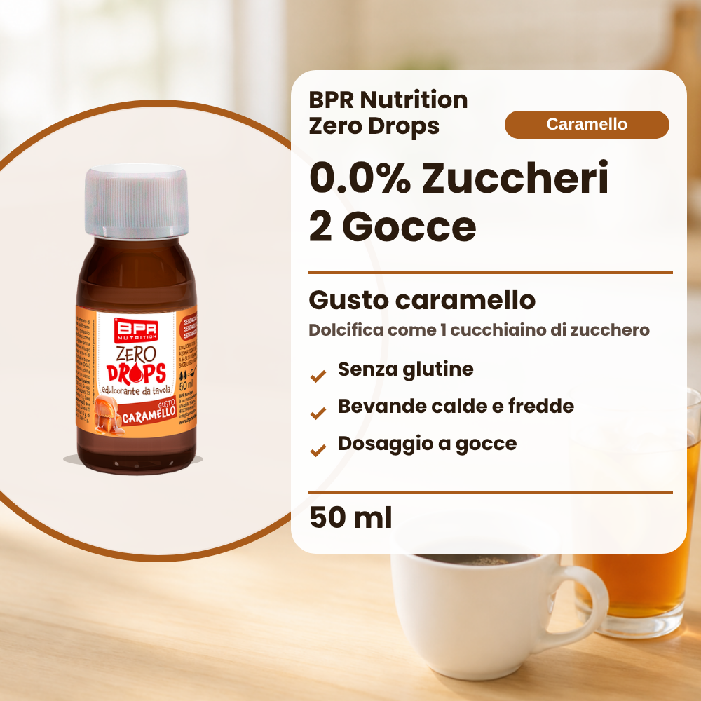 BPR Nutrition Zero Drops Caramello 50 ml: 0.0% Zucker, Karamellgeschmack, süsst wie 1 Teelöffel Zucker, glutenfrei, heisse und kalte Getränke, tropfenweise dosiert (Text auf Italienisch)