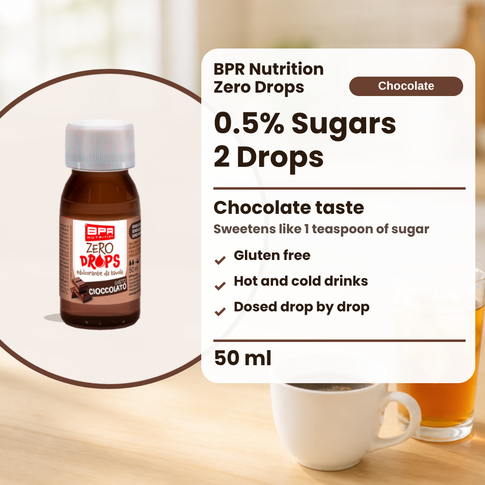 BPR Nutrition Zero Drops Cioccolato 50 ml: 0.5% Zucker, Schokoladengeschmack, süsst wie 1 Teelöffel Zucker, glutenfrei, heisse und kalte Getränke, tropfenweise dosiert (Text auf Englisch)