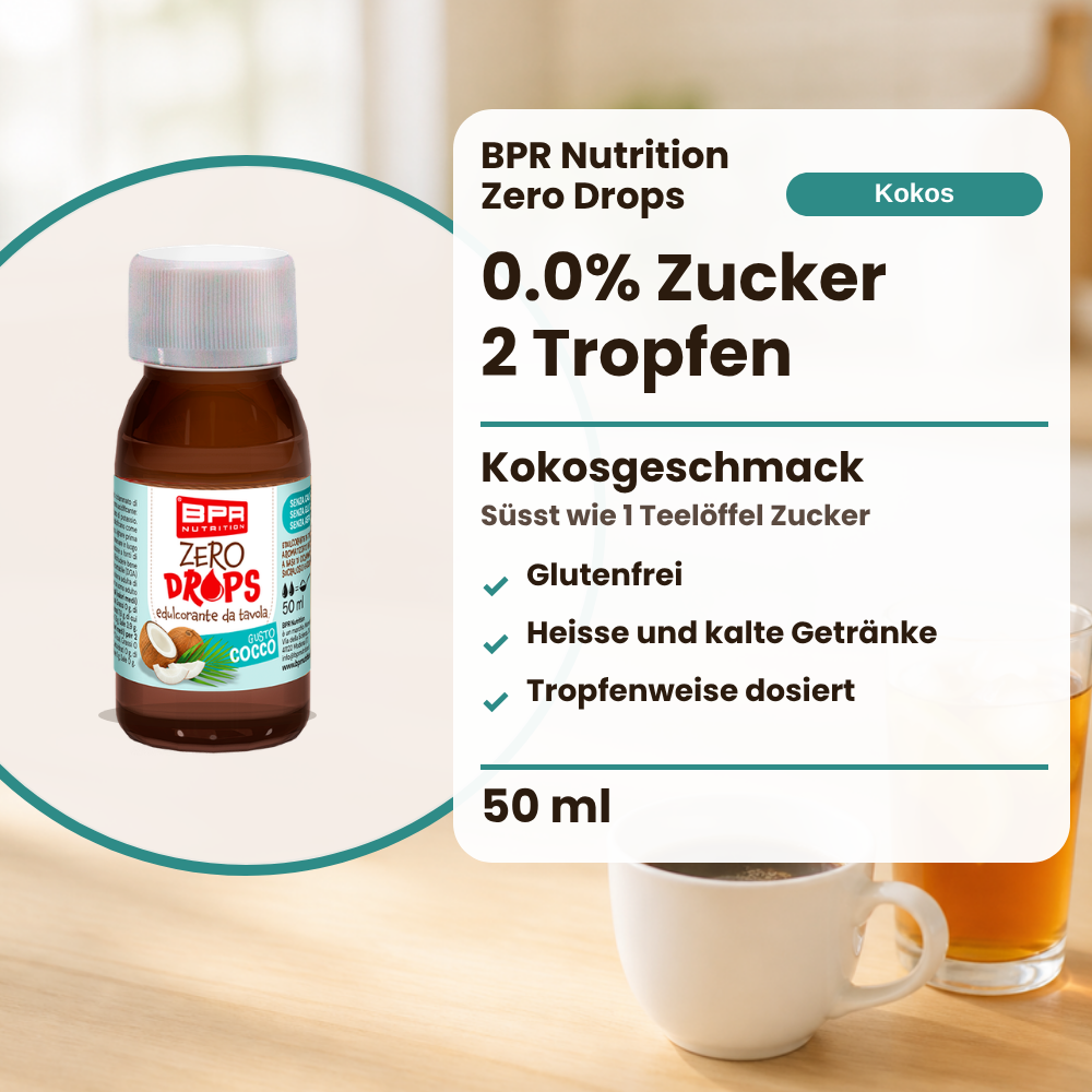 BPR Nutrition Zero Drops Cocco 50 ml: 0.0% Zucker, Kokosgeschmack, süsst wie 1 Teelöffel Zucker, glutenfrei, heisse und kalte Getränke, tropfenweise dosiert (Text auf Deutsch)