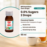 BPR Nutrition Zero Drops Cocco 50 ml: 0.0% Zucker, Kokosgeschmack, süsst wie 1 Teelöffel Zucker, glutenfrei, heisse und kalte Getränke, tropfenweise dosiert (Text auf Englisch)