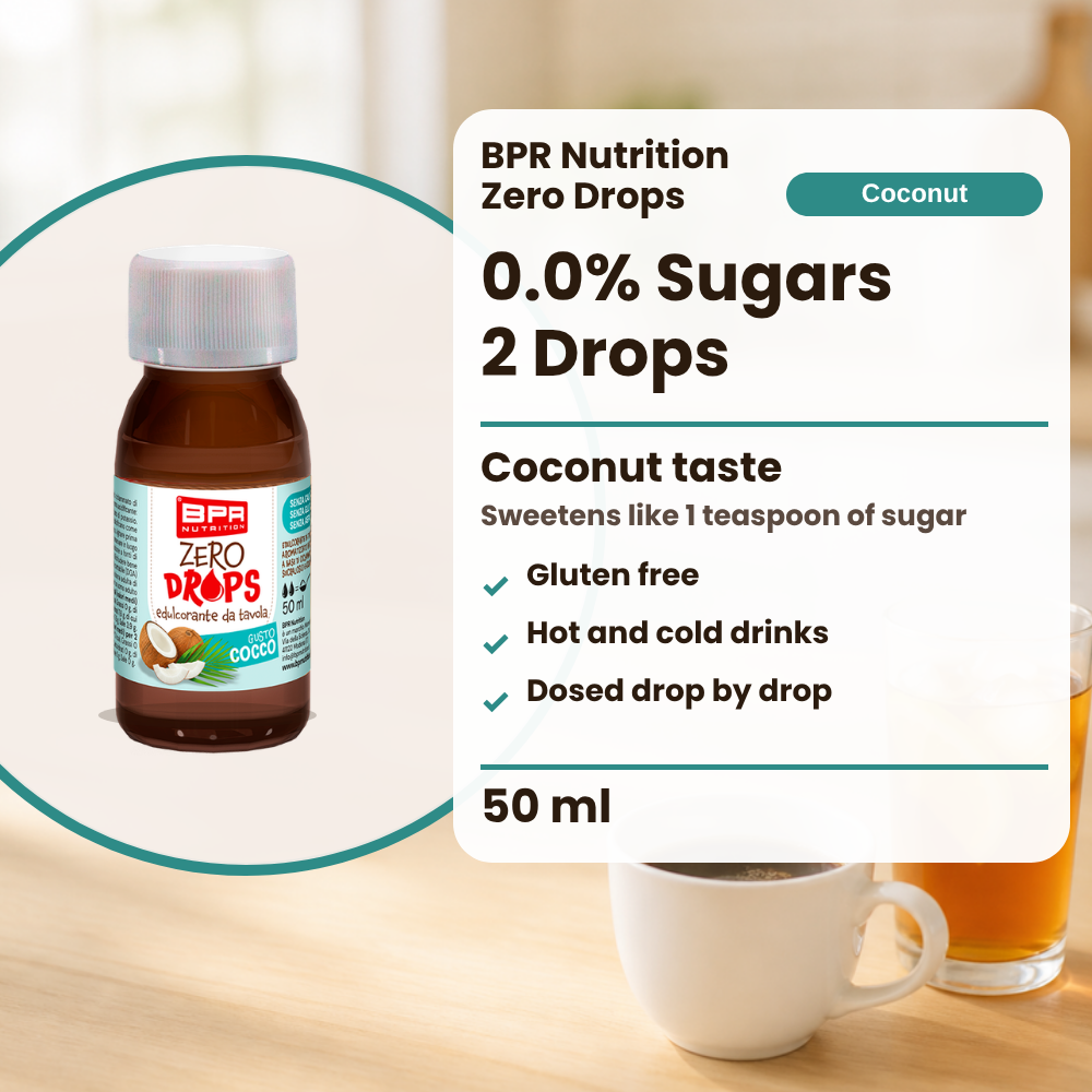 BPR Nutrition Zero Drops Cocco 50 ml: 0.0% Zucker, Kokosgeschmack, süsst wie 1 Teelöffel Zucker, glutenfrei, heisse und kalte Getränke, tropfenweise dosiert (Text auf Englisch)