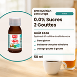 BPR Nutrition Zero Drops Cocco 50 ml: 0.0% Zucker, Kokosgeschmack, süsst wie 1 Teelöffel Zucker, glutenfrei, heisse und kalte Getränke, tropfenweise dosiert (Text auf Französisch)