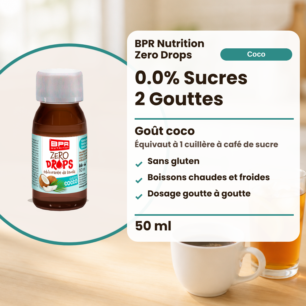 BPR Nutrition Zero Drops Cocco 50 ml: 0.0% Zucker, Kokosgeschmack, süsst wie 1 Teelöffel Zucker, glutenfrei, heisse und kalte Getränke, tropfenweise dosiert (Text auf Französisch)