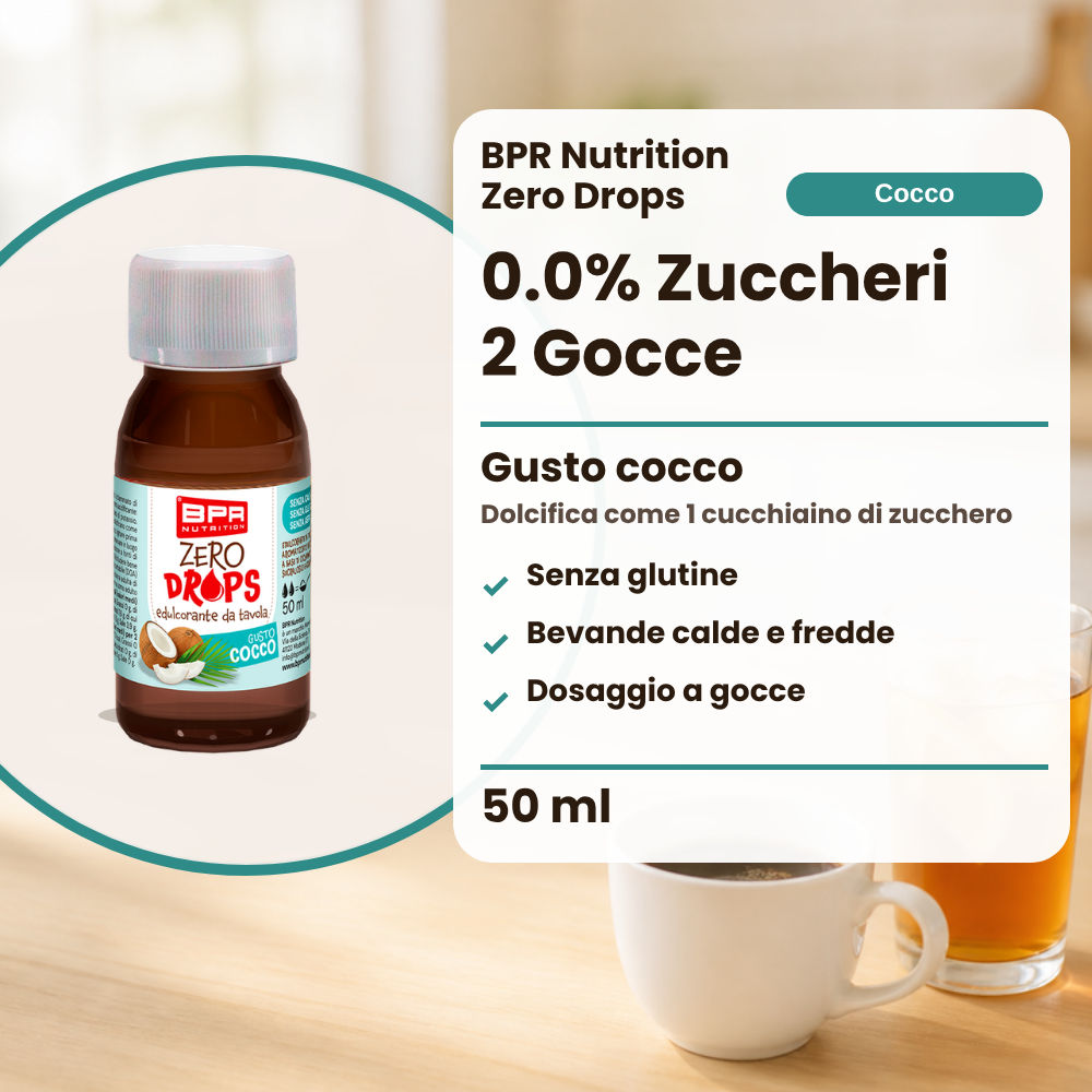 BPR Nutrition Zero Drops Cocco 50 ml: 0.0% Zucker, Kokosgeschmack, süsst wie 1 Teelöffel Zucker, glutenfrei, heisse und kalte Getränke, tropfenweise dosiert (Text auf Italienisch)