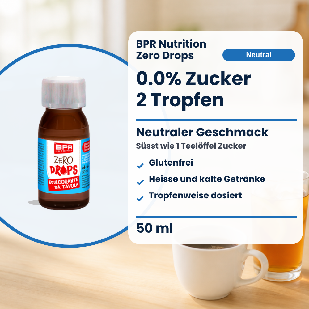 BPR Nutrition Zero Drops Neutro 50 ml: 0.0% Zucker, neutraler Geschmack, süsst wie 1 Teelöffel Zucker, glutenfrei, heisse und kalte Getränke, tropfenweise dosiert (Text auf Deutsch)