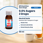 BPR Nutrition Zero Drops Neutro 50 ml: 0.0% Zucker, neutraler Geschmack, süsst wie 1 Teelöffel Zucker, glutenfrei, heisse und kalte Getränke, tropfenweise dosiert (Text auf Englisch)
