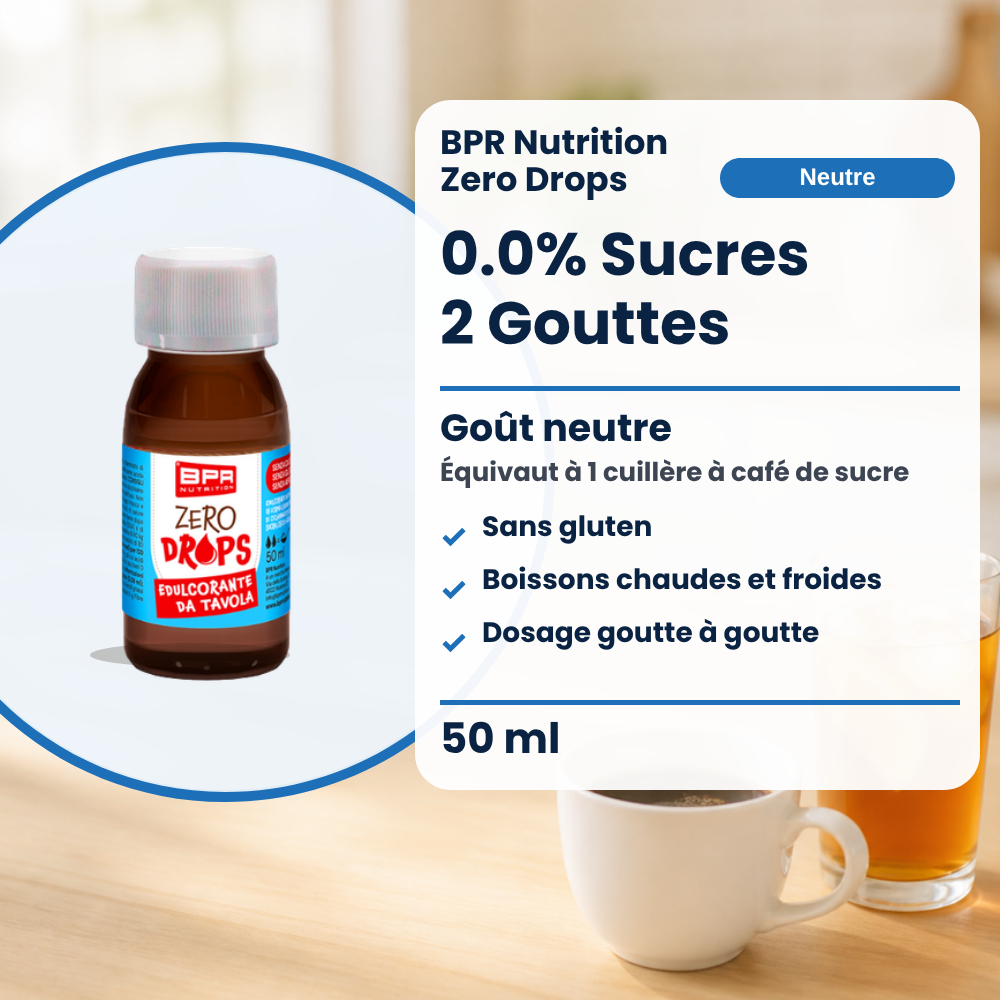BPR Nutrition Zero Drops Neutro 50 ml: 0.0% Zucker, neutraler Geschmack, süsst wie 1 Teelöffel Zucker, glutenfrei, heisse und kalte Getränke, tropfenweise dosiert (Text auf Französisch)