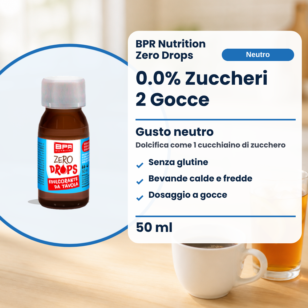 BPR Nutrition Zero Drops Neutro 50 ml: 0.0% Zucker, neutraler Geschmack, süsst wie 1 Teelöffel Zucker, glutenfrei, heisse und kalte Getränke, tropfenweise dosiert (Text auf Italienisch)