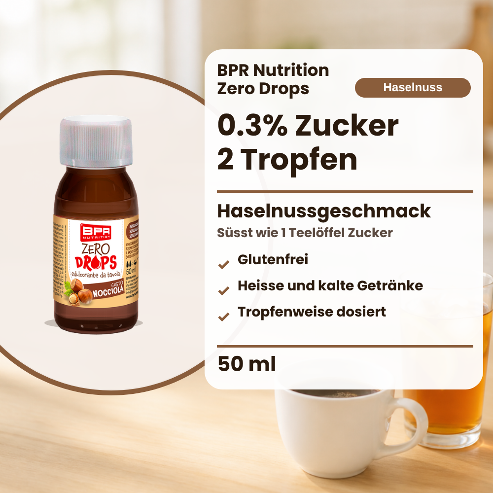 BPR Nutrition Zero Drops Nocciola 50 ml: 0.3% Zucker, Haselnussgeschmack, süsst wie 1 Teelöffel Zucker, glutenfrei, heisse und kalte Getränke, tropfenweise dosiert (Text auf Deutsch)