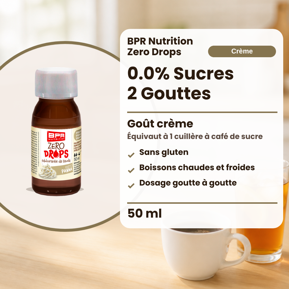 BPR Nutrition Zero Drops Panna 50 ml: 0.0% Zucker, Sahnegeschmack, süsst wie 1 Teelöffel Zucker, glutenfrei, heisse und kalte Getränke, tropfenweise dosiert (Text auf Französisch)