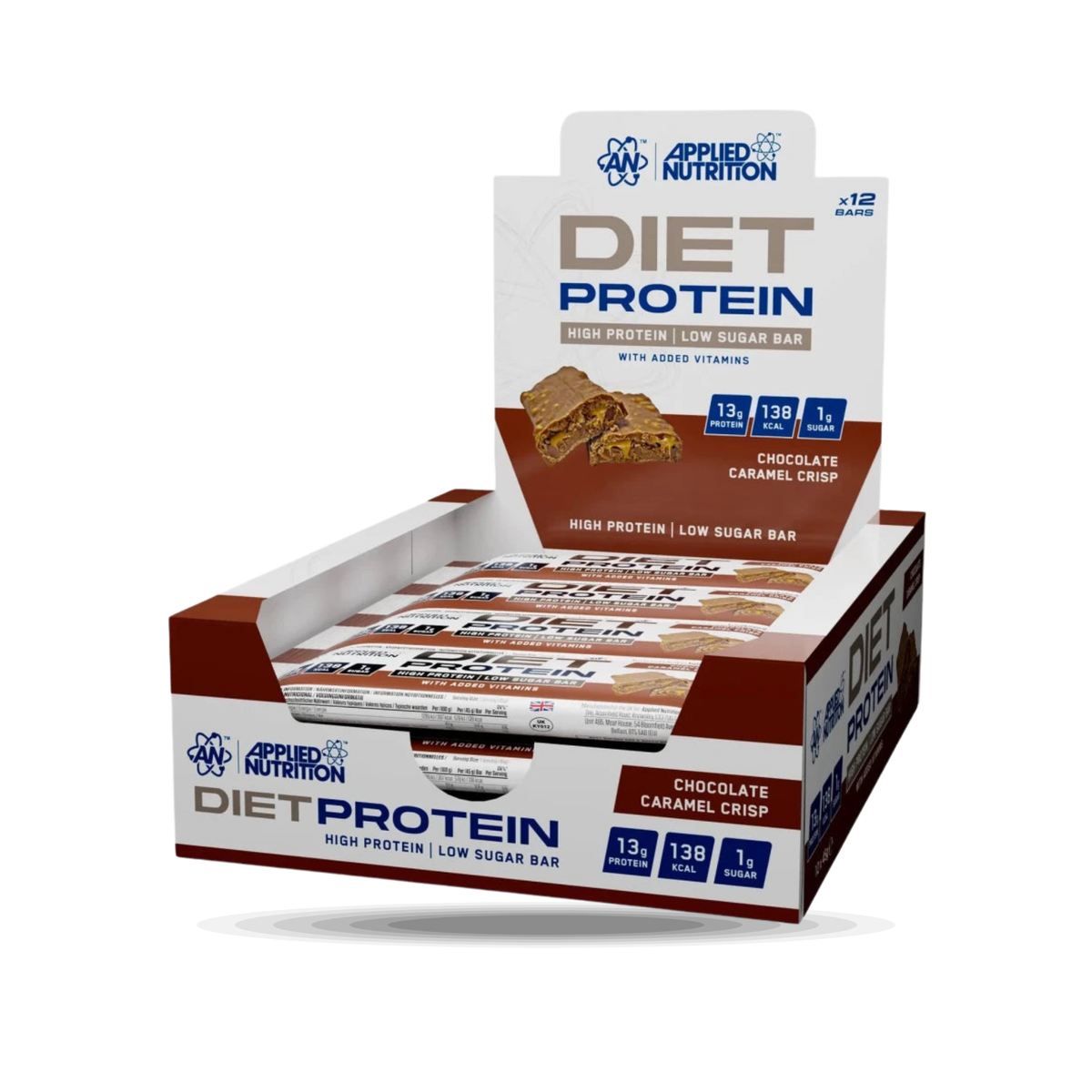 Diet Protein Bar Applied Nutrition (Box 12 x 45 g), Geschmack Chocolate Caramel Crisp, Vorderseite