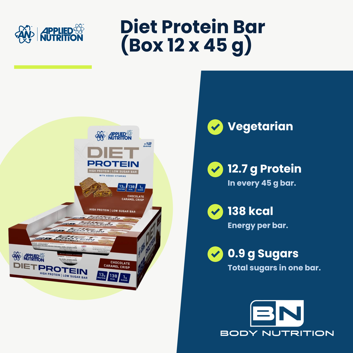 Diet Protein Bar Applied Nutrition (Box 12 x 45 g), Hauptvorteile: vegetarisch, 12,7 g Protein, 138 kcal, 0,9 g Zucker, englische Version