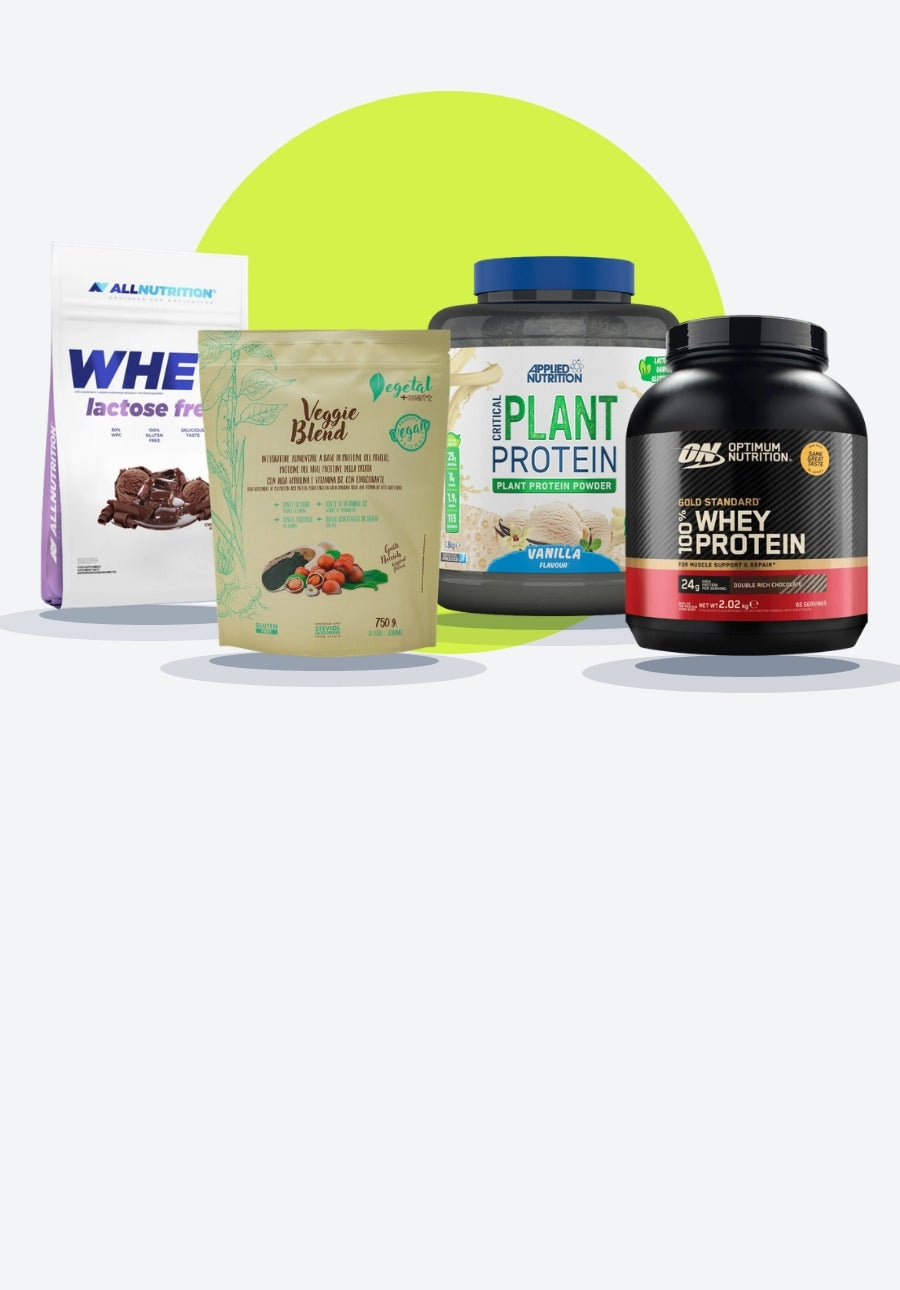 Proteine di marchi diversi: whey, vegetale, senza lattosio
