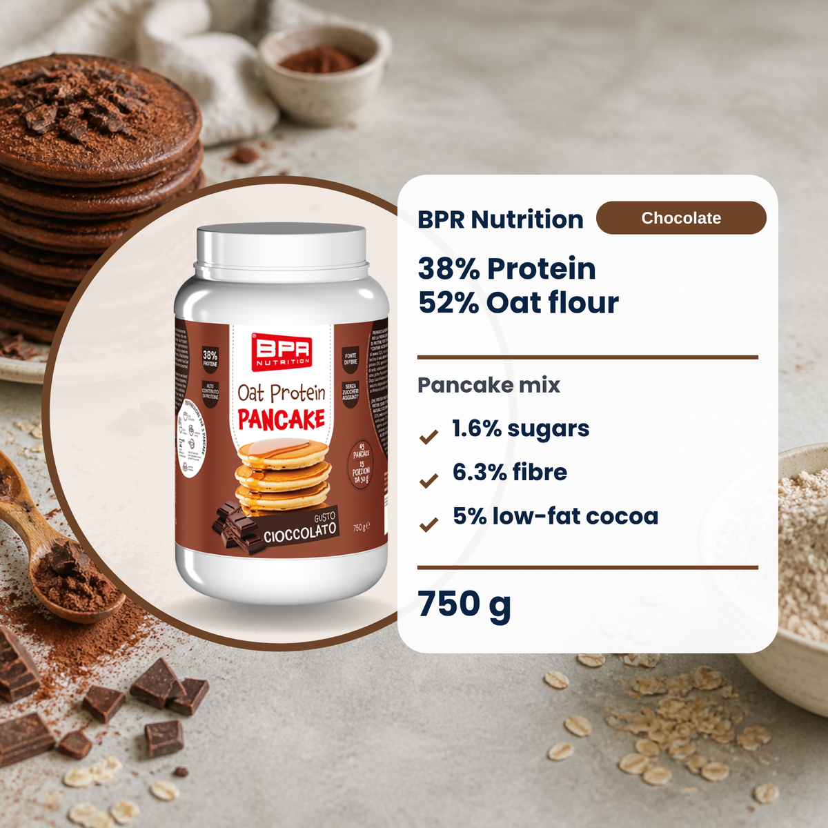 BPR Nutrition Oat Protein Pancake Cioccolato 750 g: 38% Protein, 52% Hafermehl, 1.6% Zucker, Pancake-Mischung (EN)