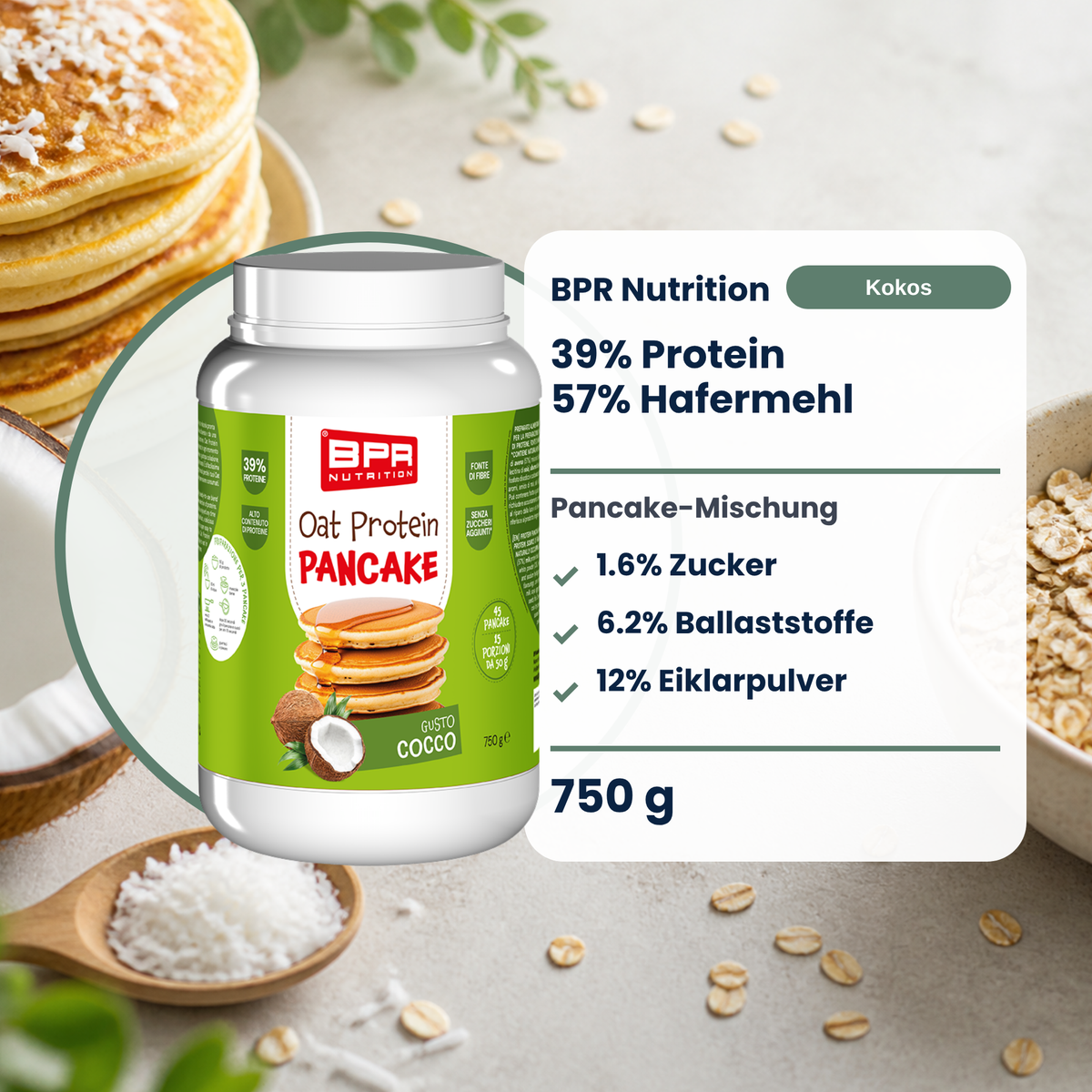 BPR Nutrition Oat Protein Pancake Coconut 750 g: 39% Protein, 57% Hafermehl, 1.6% Zucker (DE)