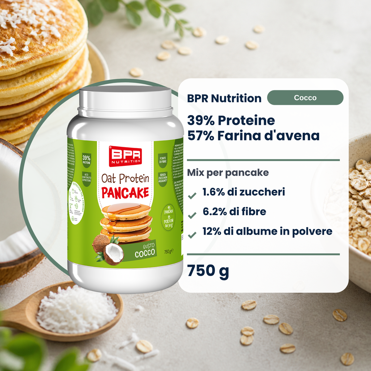 BPR Nutrition Oat Protein Pancake Coconut 750 g: 39% Protein, 57% Hafermehl, 1.6% Zucker (IT)