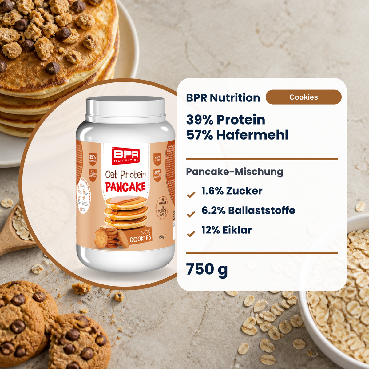 BPR Nutrition Oat Protein Pancake Cookies 750 g: 39% Protein, 57% Hafermehl, 1.6% Zucker, Pancake-Mischung (DE)
