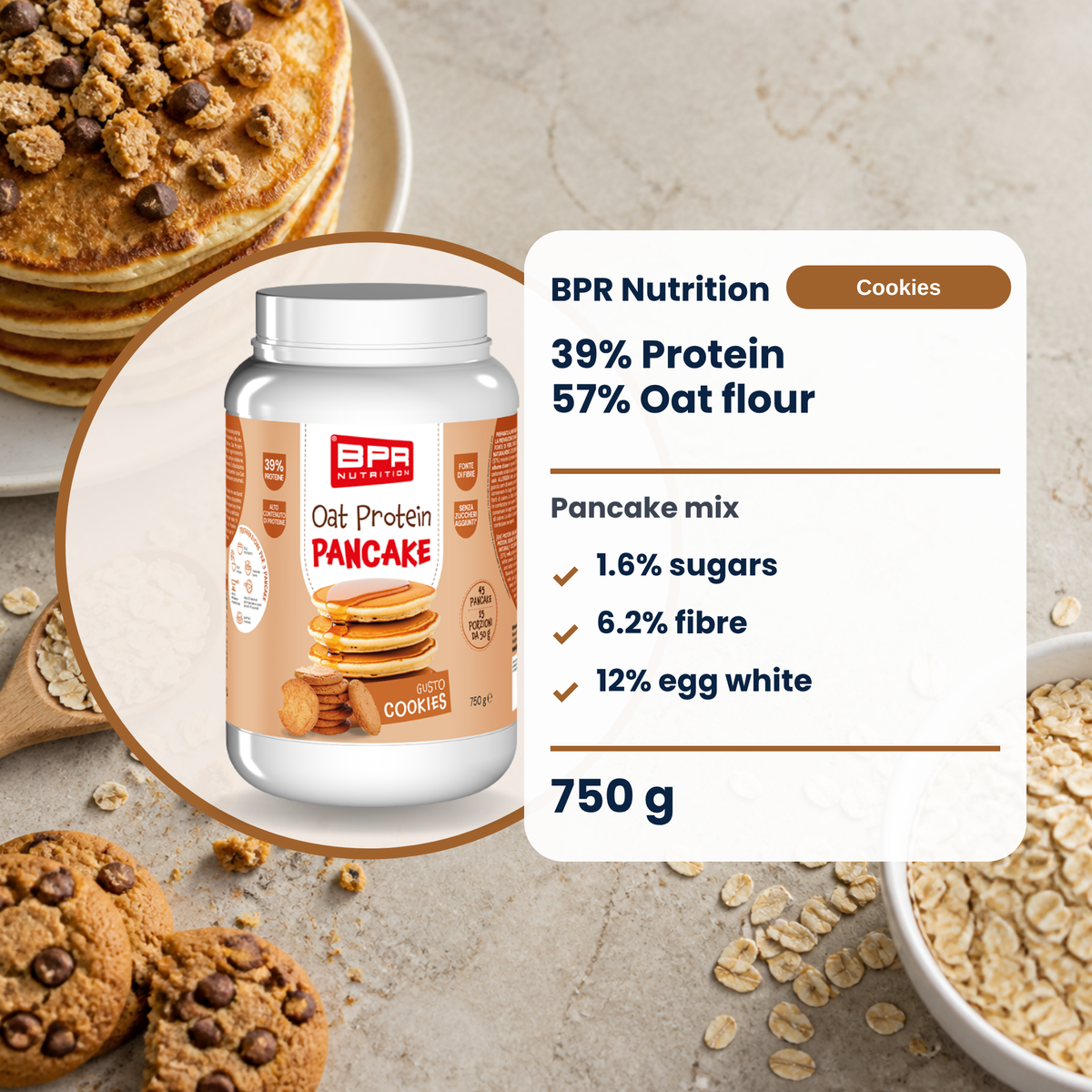 BPR Nutrition Oat Protein Pancake Cookies 750 g: 39% Protein, 57% Hafermehl, 1.6% Zucker, Pancake-Mischung (EN)