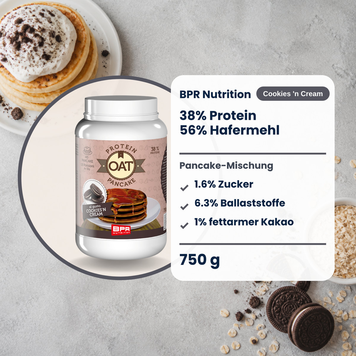 BPR Nutrition Oat Protein Pancake Cookies 'n Cream 750 g: 38% Protein, 56% Hafermehl, 1.6% Zucker, Pancake-Mischung (DE)