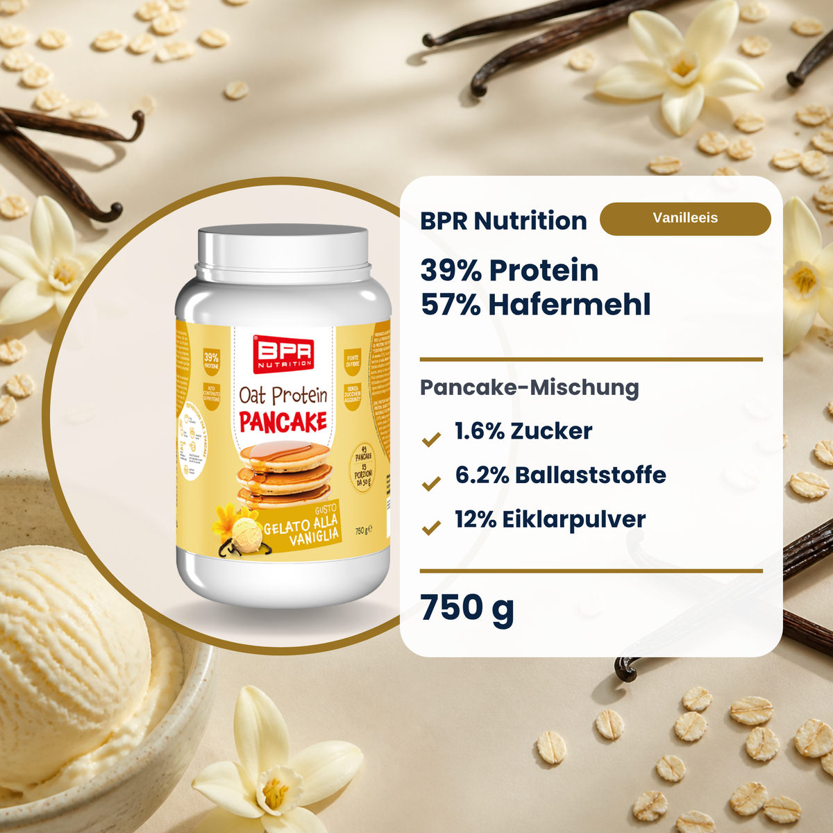 BPR Nutrition Oat Protein Pancake Gelato alla Vaniglia 750 g: 39% Protein, 57% Hafermehl, 1.6% Zucker (DE)