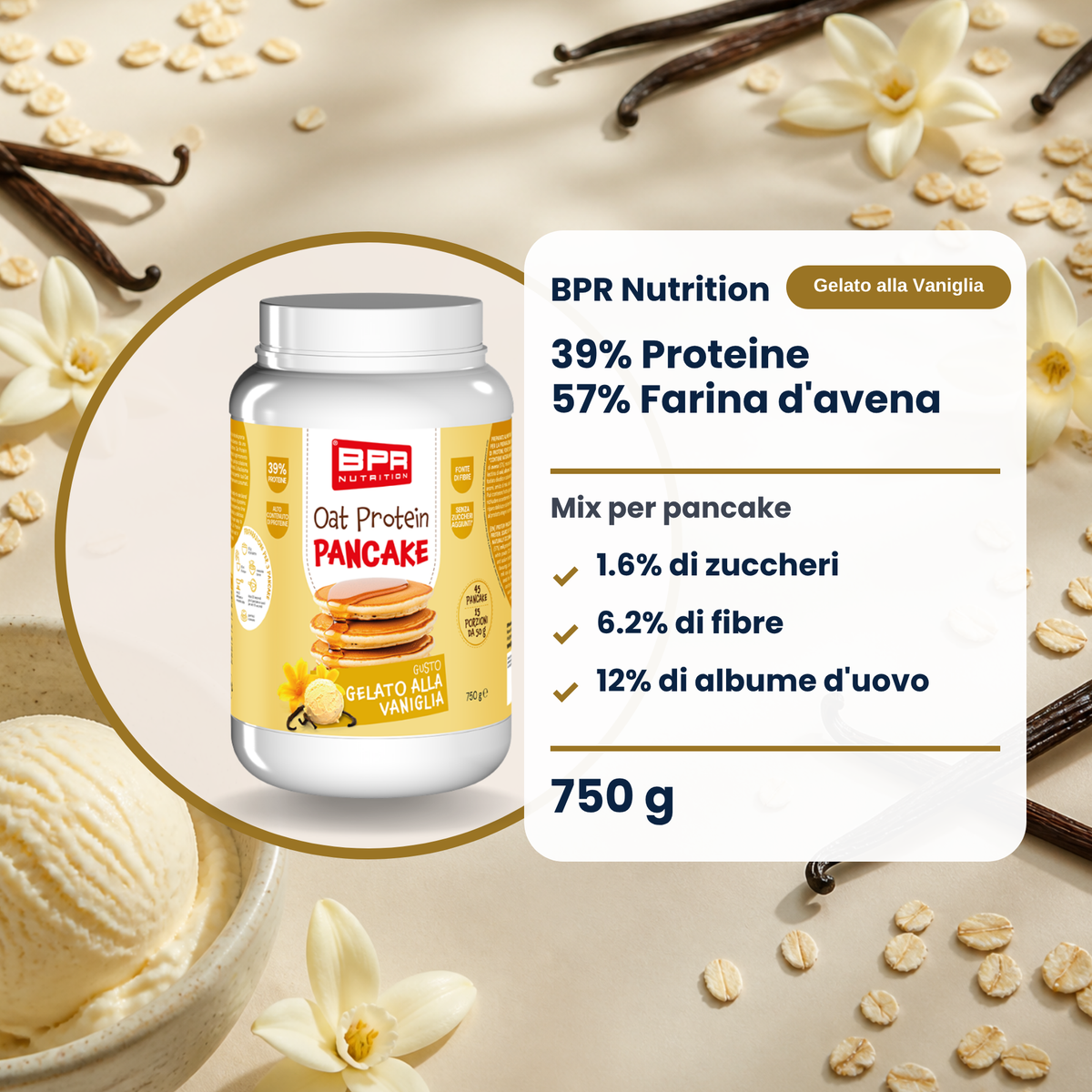 BPR Nutrition Oat Protein Pancake Gelato alla Vaniglia 750 g: 39% Protein, 57% Hafermehl, 1.6% Zucker (IT)