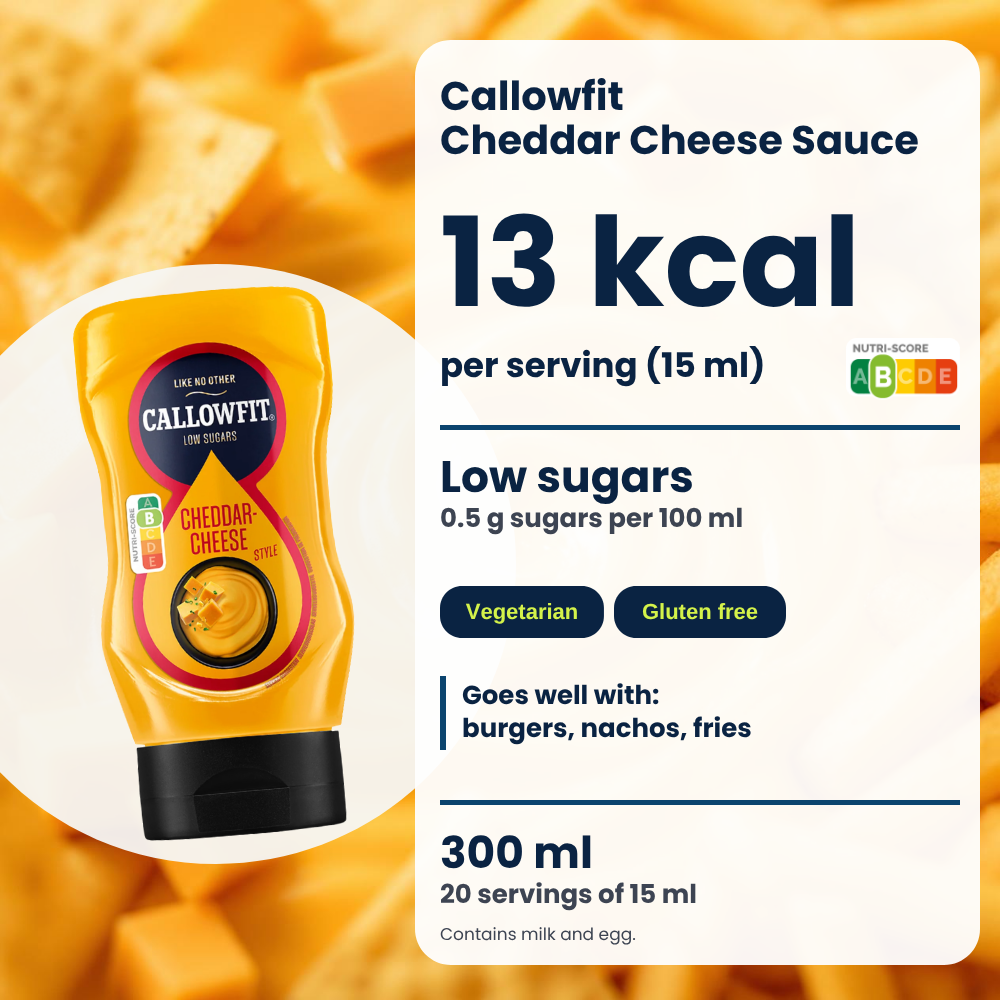Callowfit Cheddar Cheese sauce, benefits graphic, English version