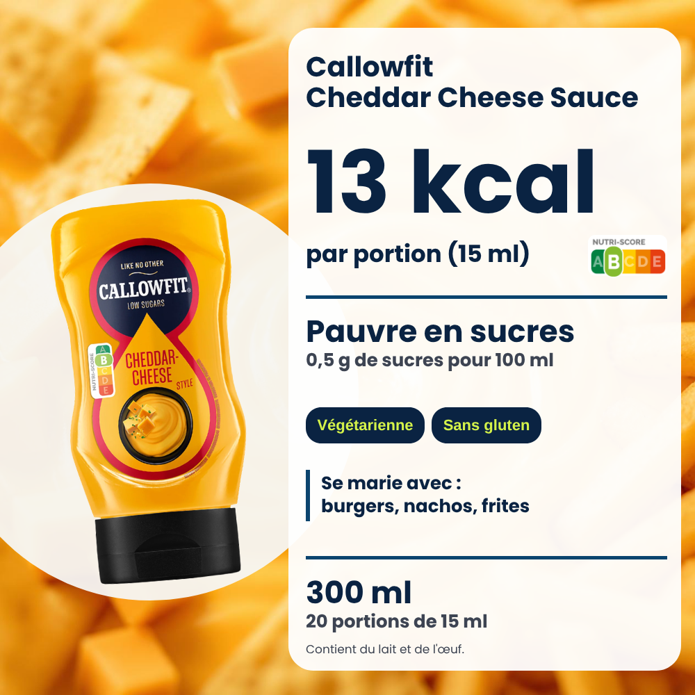 Callowfit Cheddar Cheese sauce, benefits graphic, French version