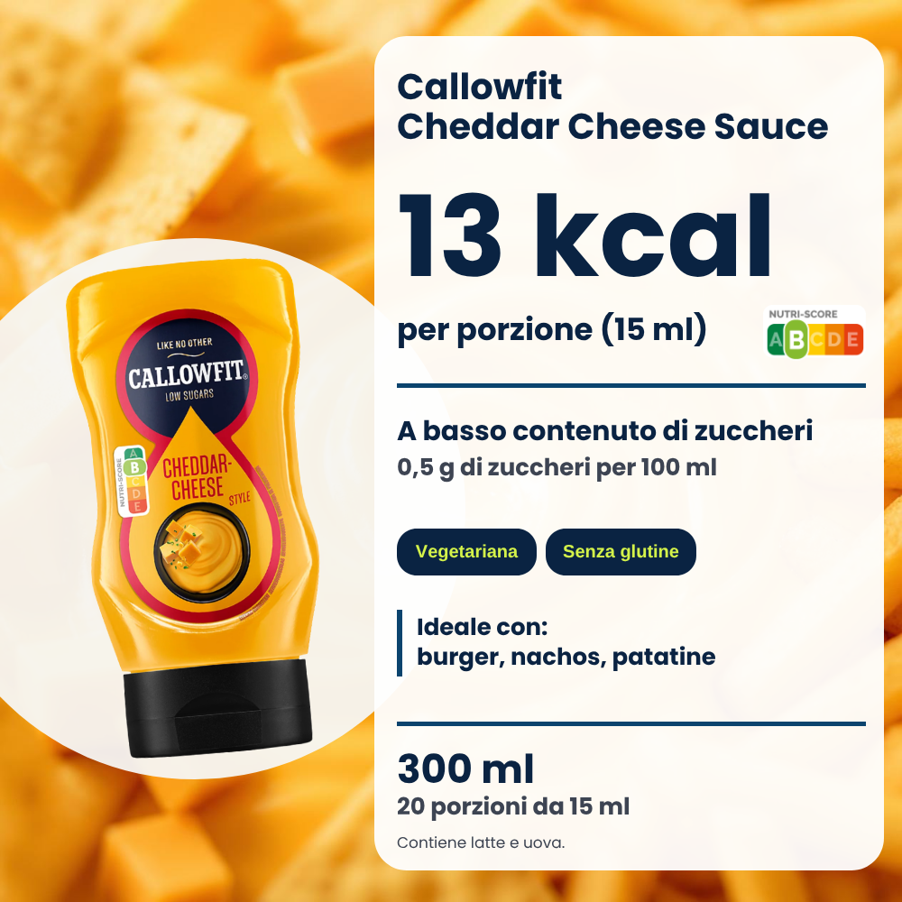 Callowfit Cheddar Cheese sauce, benefits graphic, Italian version