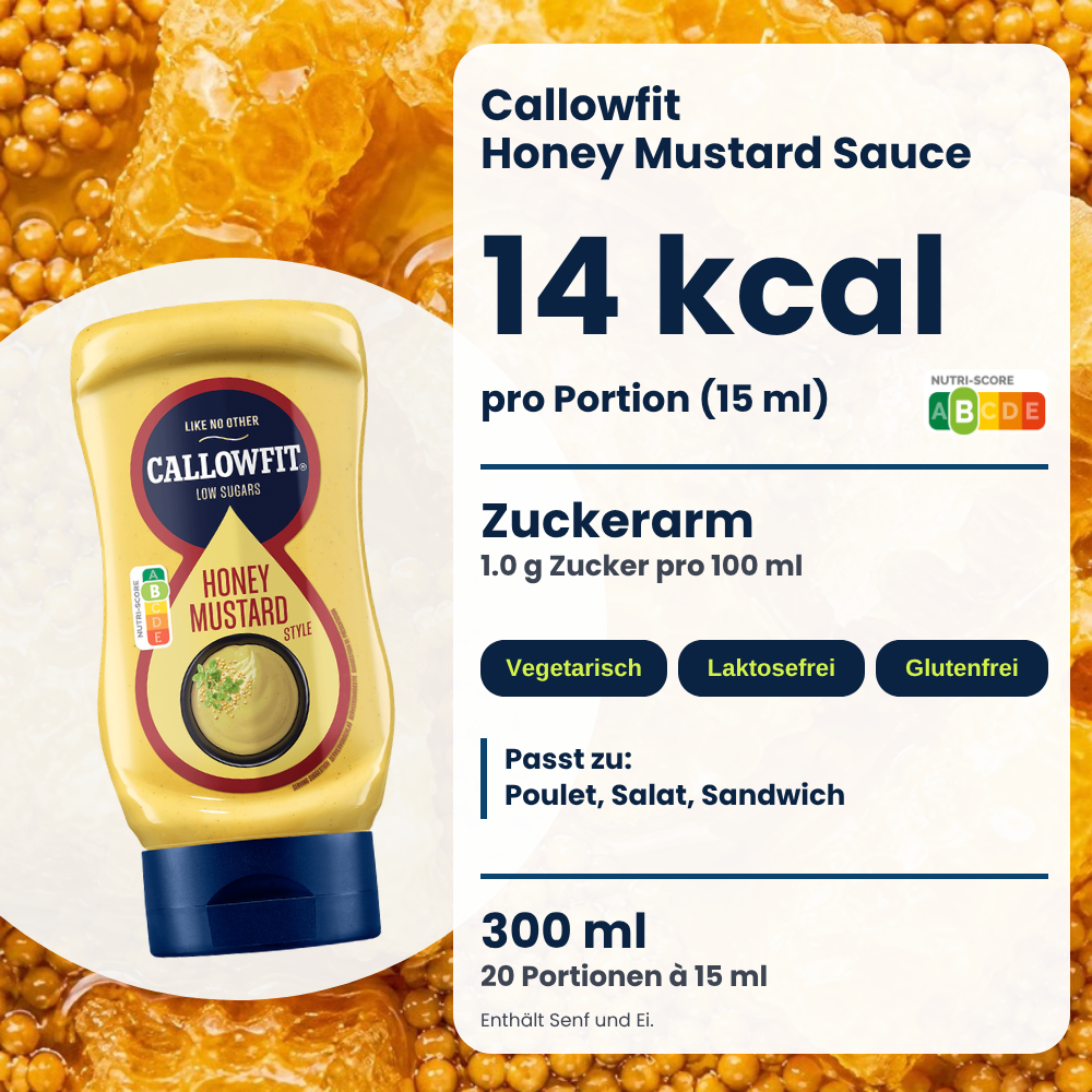 Sauce Callowfit Honey Mustard, visuel des avantages, version allemande