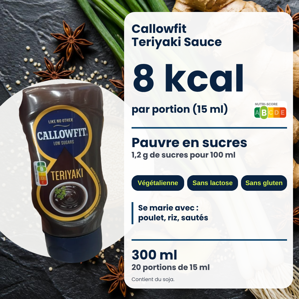Callowfit Teriyaki sauce, benefits graphic, French version