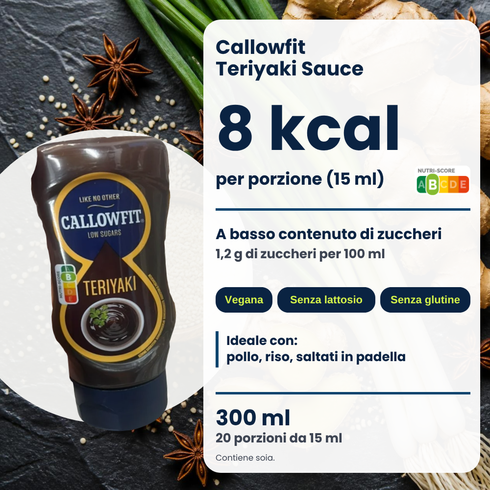 Callowfit Teriyaki sauce, benefits graphic, Italian version