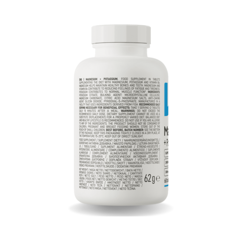 OstroVit Magnesium + Potassium 60 tablets, back of the pack with label
